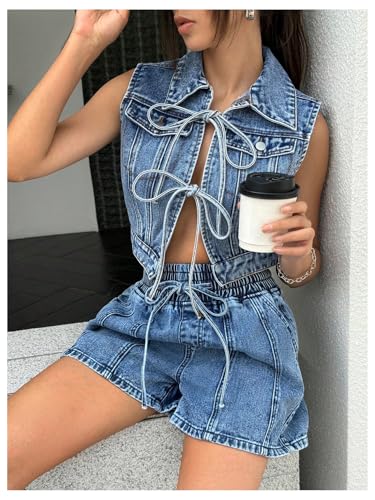 MakeMeChic Women's Denim Jacket Bow Tie Front Collared Sleeveless Y2k Crop Jean Vest3