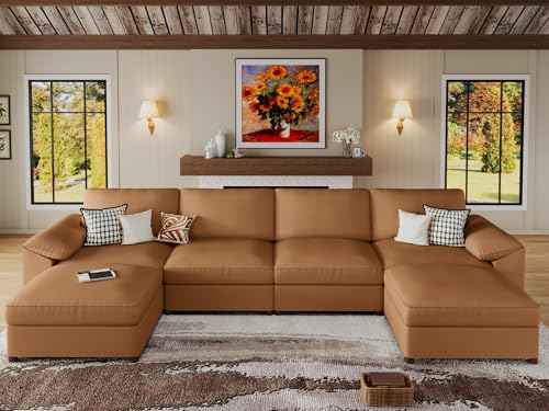 Image of EASE MOOSE Leather Sectional Couch, Oversized Modular Sectional Sofas, Wide Deep Seat Modern Modular Couch, Scratch Resistant Faux Leather Material, U Shaped Sofa for Big Spaces, Brown