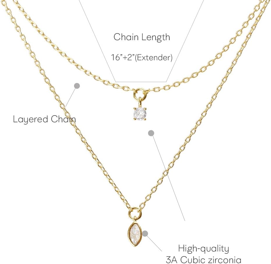 Double Layer Necklace for Women, Marquise Cubic Pendant & Solitaire CZ, MUSTHAVE 18K Gold Plated Dainty Layered Chain, Elegant Minimalist Jewelry, Crystal Necklace, Message Card, Gift for Her, 16+2 inch (Yellow Gold) - Image 2
