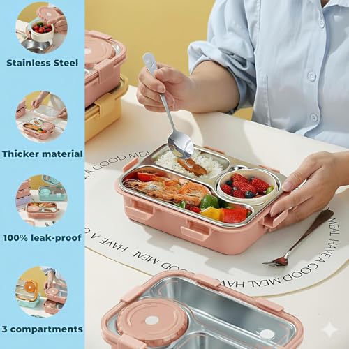 Image of Sanghariyat Lunch Box 3 Compartment Out Side-Leak-Proof BPA Free Stainless Steel, Lunch Box for Girls, Lunch Box for School with a Fork, a Spoon and a Pair of Chopsticks 750 ml (Pink)