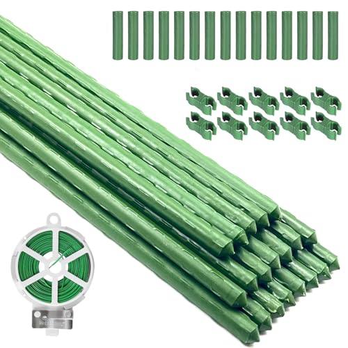 Garden Stakes Kit, 20 Sets 16 inch 0.43' in Diameter Steel Plant Stick Support (with Accessories Total 46 pcs), DIY 3ft 4ft 5ft 6ft 7ft Sturdy Tomato Stakes for Indoor & Outdoor Gardening Supplies