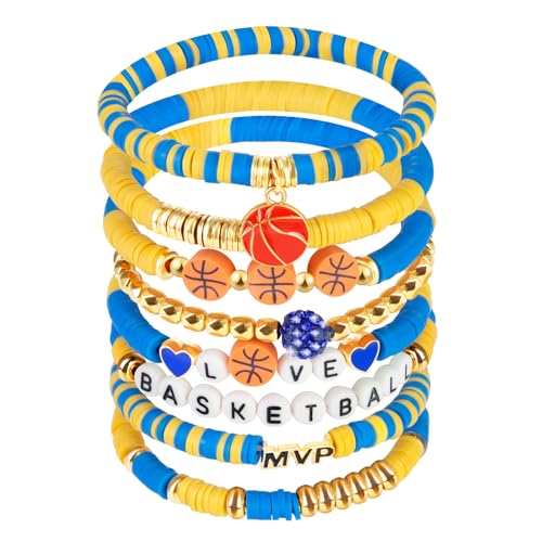 Image of AKAIXI Basketball Stretch Bracelets, Blue and Yellow Clay Beaded Bracelet, Game Day Friendship Stackable Sports Jewelry Accessories for Basketball Lovers Team Player Coach Mom Women Men Gift