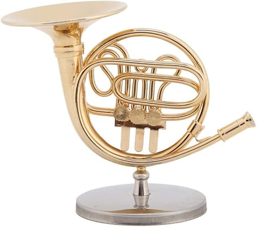 Miniatura 5 de Walfront Mini instrumento musical de cuerno francés dorado de 4 pulgadas con soporte en miniatura, decoración de escritorio, instrumento musical,