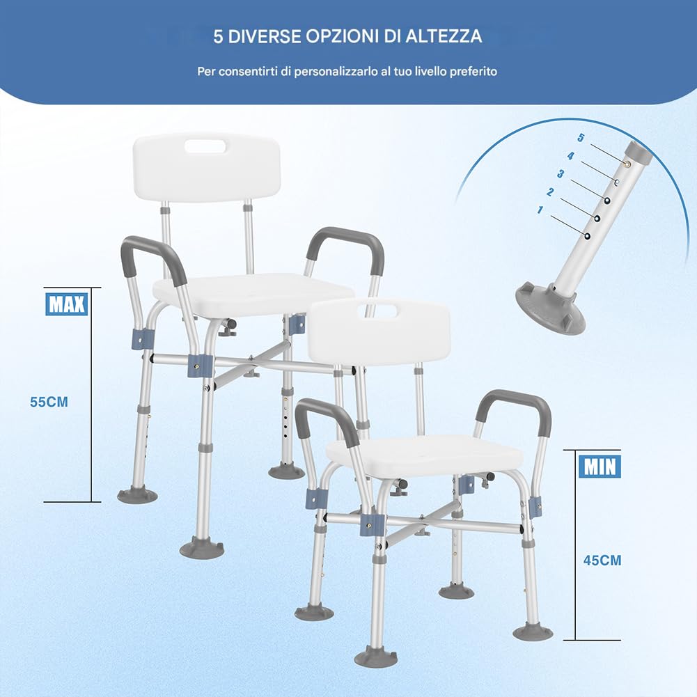 BAKAJI Sgabello da Doccia con Schienale e Braccioli, Struttura Alluminio e Seduta Ergonomica in HDPE, Sedile da Bagno per Anziani, Disabili e Persone con Mobilità Ridotta, Regolabile Altezza 78–88cm