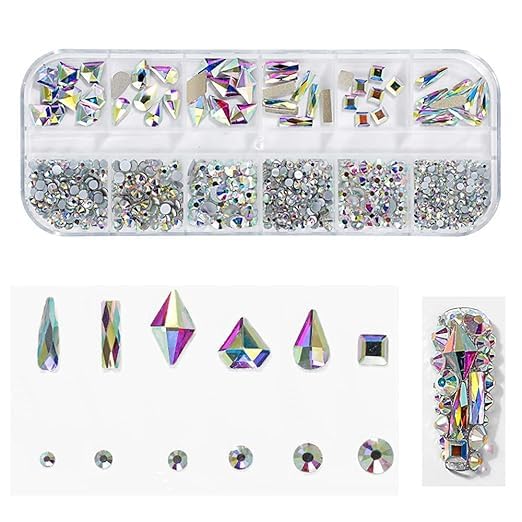 URBAN BOX 12 Grids Nail Art Rhinestones Set, Flatback Round & Multi-Shape Glass Nail Decorations,3D Nail Charms Nail Diamonds Kit for Women (Multicolor)