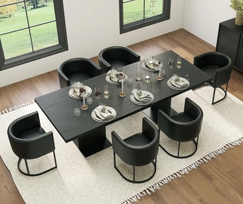 Image of HNY Mid Century Modern Upholstered Barrel Black Dining Chairs with Arms Set of 6, Leather Kitchen & Dining Room Chairs, 18.5 inch Wide Accent Chairs for Dining Room Living Room with Black Metal Frame