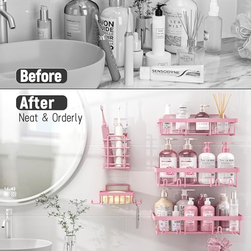 Image of Liuoud 10 Pack Shower Caddy Organizer Rack Shelf for Inside Shower, Self Adhesive Wall Storage Basket Rustproof Stainless Steel Shampoo Holder Bathroom Accessory Decor Set, Pink