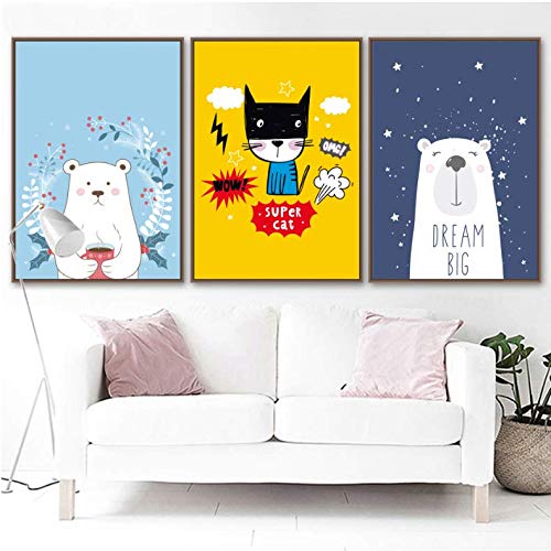 Decoración del hogar infantil con cuadro de oso y gato en lienzo de 50x70