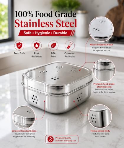 Image of Ajay's Shoppe Stainless Steel Dhaniya Storage Box with Lid (11.7 x 4.5 cm) | Ventilated Kothmir Dibbi, Herb Keeper & Fridge Organizer | Rust-Free