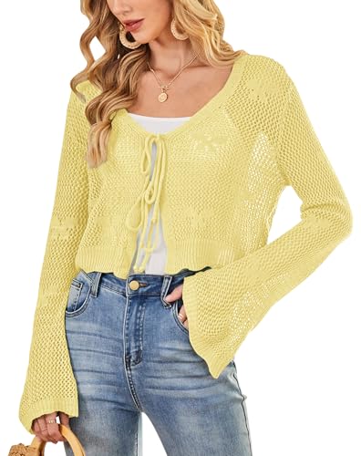 Image of Balimtoy Women Tie Front Cardigan Crochet Sweater Crop Tops Cute Bell Long Sleeve Knit Shrug Beach Vacation Cover Up