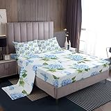 Erosebridal Blue Hydrangea Bed Sheets Set Chic Flower Queen Sheet Set, Cute Butterfly Sheets Green Leaves Bed Set, Spring Floral Flat Sheet Girls Bedroom Decor with 2 Pillowcase
