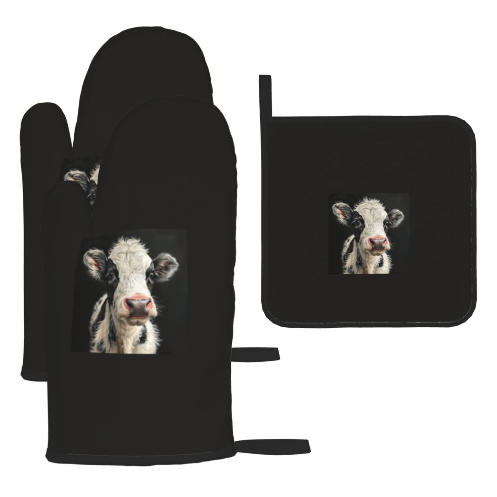 Cute Cow Print Oven Kitchen Gloves For Baking Outdoor Grilling Home Use Mitts Microwaving Bbq