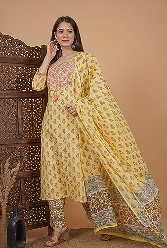 Image of MEERA FAB Women's Cotton Printed Green Printed Straight Embroidery Kurta with Palazzo & Dupatta Set