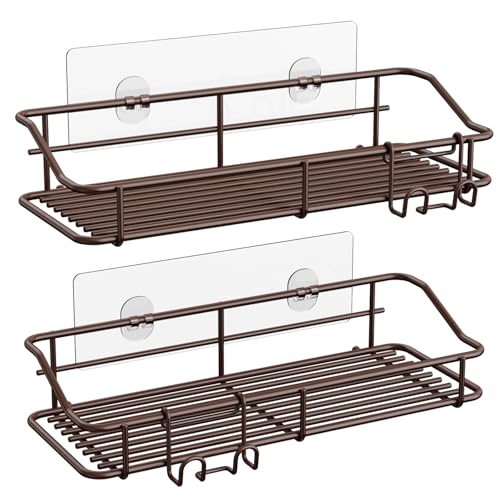 Image of Nieifi Shower Caddy Shelf Storage Adhesive Stainless Steel with Hooks for Washroom, Bathroom, Kitchen - 2 Pack Bronze | Stainless steel, 2 pack, shower rack, shower organization, with hooks, rustproof, no drilling, razor holder, brown
