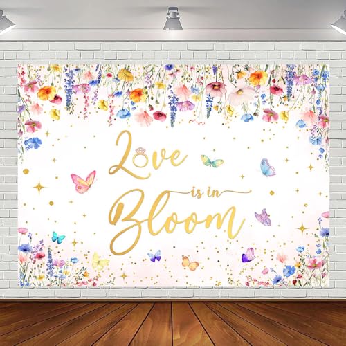 Image of Katingqi 7x5ft Love is in Bloom Bridal Shower Backdrop, Bridal Shower Decoration for Wedding Bride to be Party, Floral Butterfly Photography Background Photo Prop
