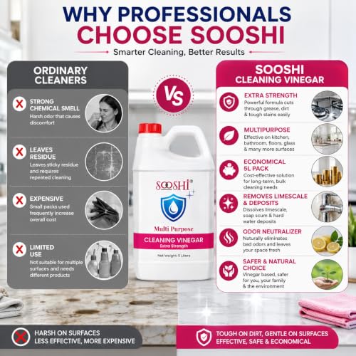 Image of Sooshi Premium 8% Cleaning Vinegar 5 Liter - Concentrated Multipurpose Distilled Vinegar Bulk Refill pack | Removes Stain, Limescale, Grease & Odors | For Household & Commerical use
