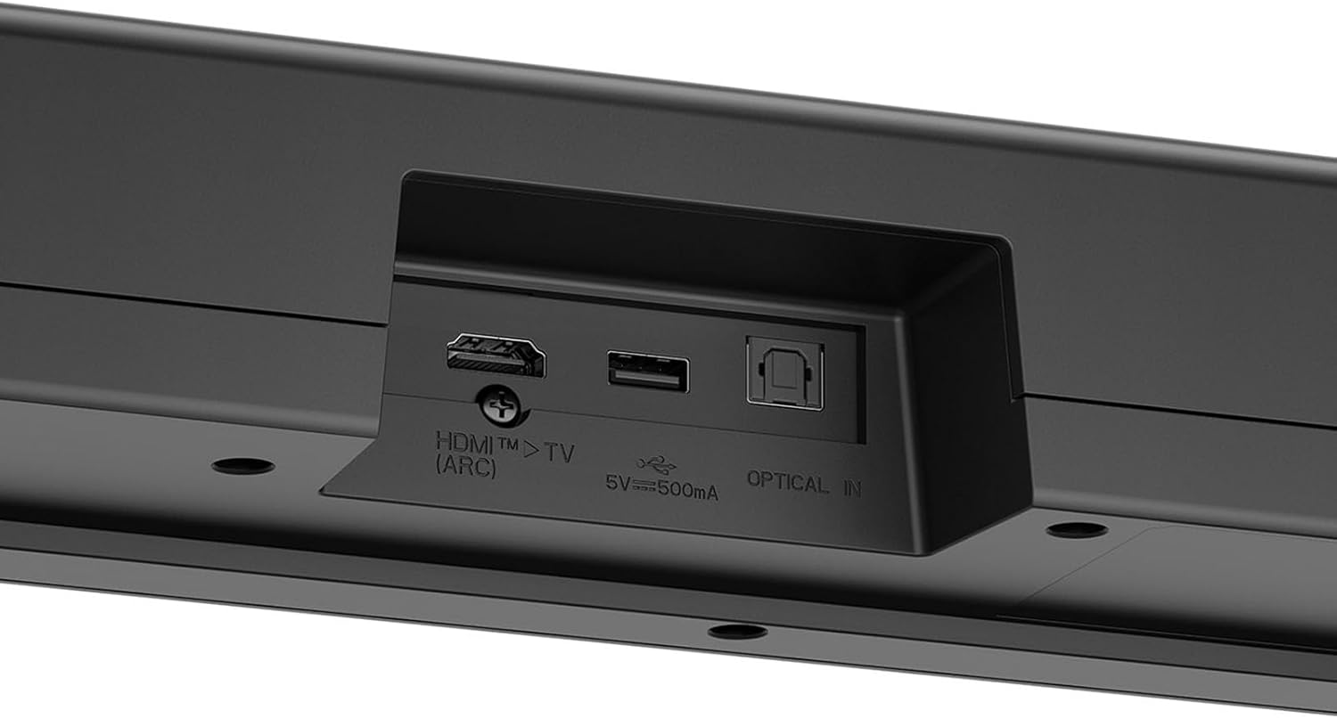 Rear view of LG S45TR Soundbar showing HDMI ARC, USB, and Optical In ports