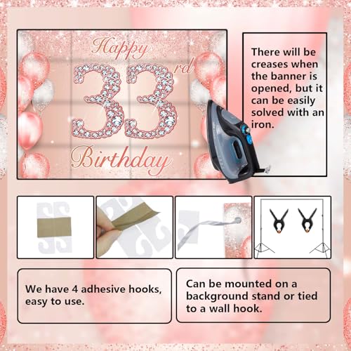 Image of Happy 33rd Birthday Rose Gold Banner Cheers to 33 Years Old Backdrop Confetti Balloons Theme Decor for Women 33 Years Old Pink Birthday Party Decorations Bday Supplies Background Favors Gift Glitter