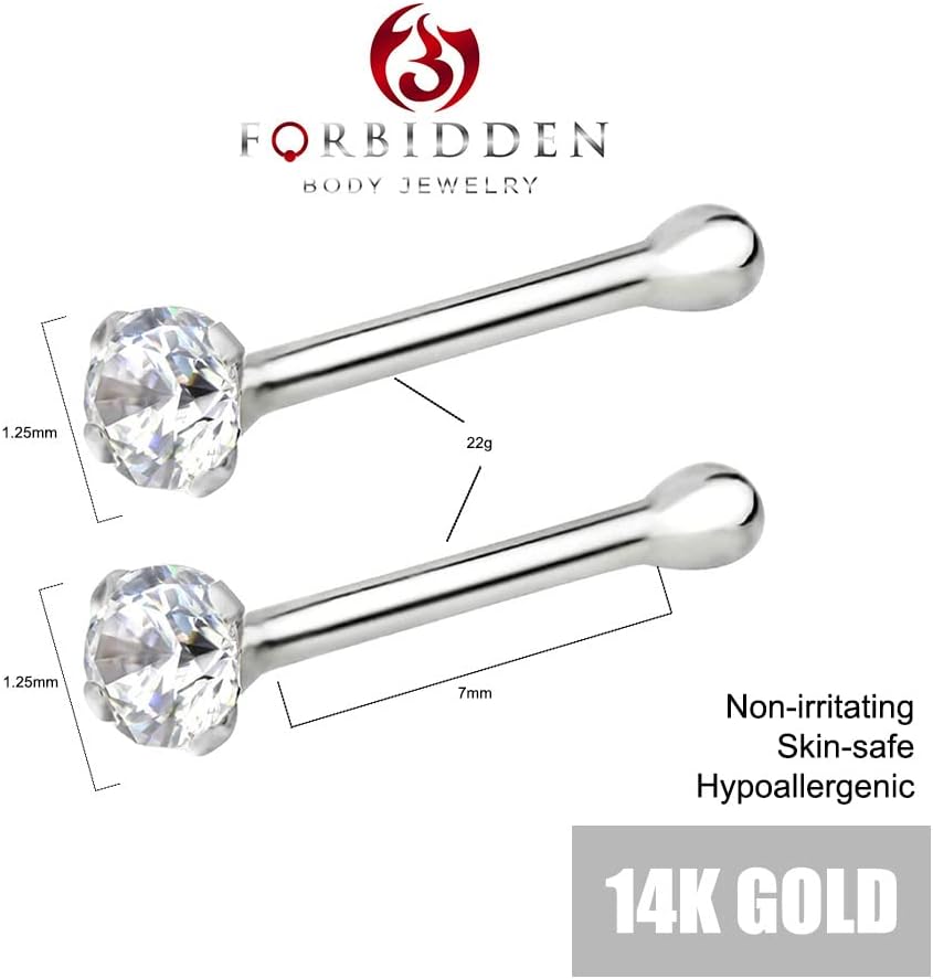 Forbidden Body Jewelry FBJ 14k Nose Ring, 22g, Solid 7mm Micro Stud, 2mm CZ Simulated Diamond, Non-Irritating Skin Safe Real Gold, Women/Men (Sold Individually)