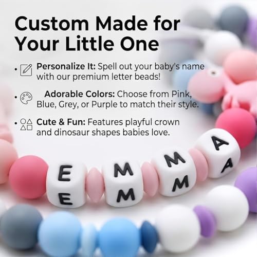 Image of Personalized Pacifier Clip with Name, Custom Silicone Binky Holder for Boys Girls, Dinosaur & Crown Pacifier Chain