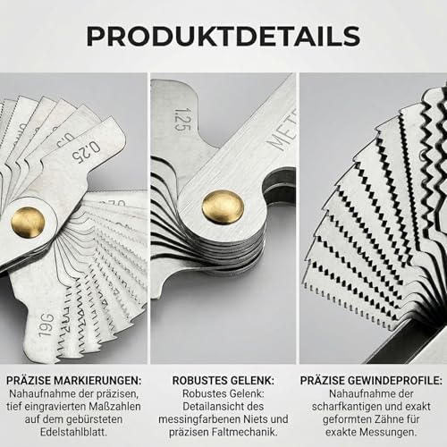 Huoflame 52-teilige Gewindelehre Metrisch/Zoll – Edelstahl Messwerkzeug mit 24 Blättern 60° (0,25–6 mm) & 28 Blättern 55° (4G–62G), Klappbares Feingewinde Set für Werkstatt, Heimwerker, Industrie