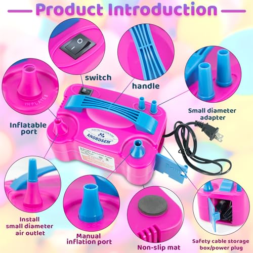 Bomba de aire eléctrica para globos Anordsem: carcasa de plástico polipropileno con boquilla doble - inflado rápido para todos los globos en casa - máquina sopladora con atador/cinta para decoración de fiesta DIY para padres miniatura 2