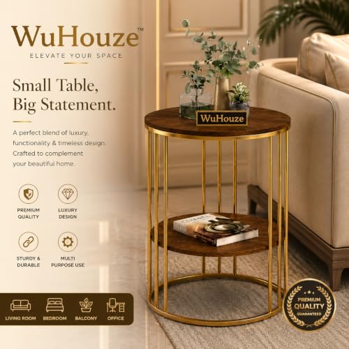 Image of Modern Double-Top Coffee Table with Rustic Farmhouse Accent, Multipurpose Living Room Bedroom, Two-Tier Small Sofa Side Bedside Table with Metal Frame Nightstand (Gold Brown Y)