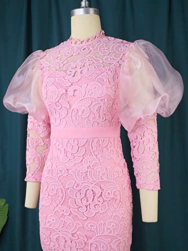 Image of ONTINVA Women's Floral Lace Long Sleeve Patchwork Mesh Slim Pencil Midi Dress