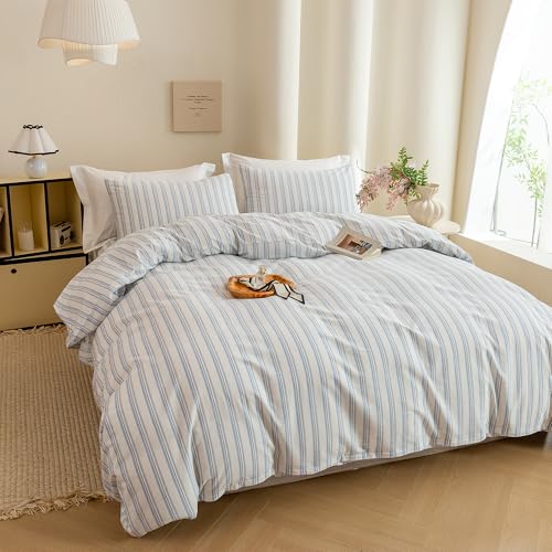Image of ECOCOTT Striped Duvet Cover King Size -100% Washed Cotton Linen Like Textured Breathable Durable Soft Comfy Bedding Set with Zipper Closure & Corner Ties