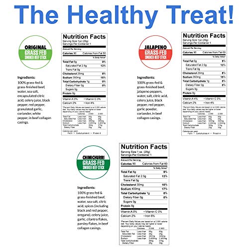 Sugar-Free Beef Jerky Variety Pack, 100% Grass Fed Beef Sticks. Non-Gmo. No Added Nitrates, Gluten, Soy, Msg, Dairy Or Nuts. Paleo, Whole30, Keto Snack. (4 Original, 4 Chimichurri, 4 Jalapeno, 12-Cnt) #TOP1