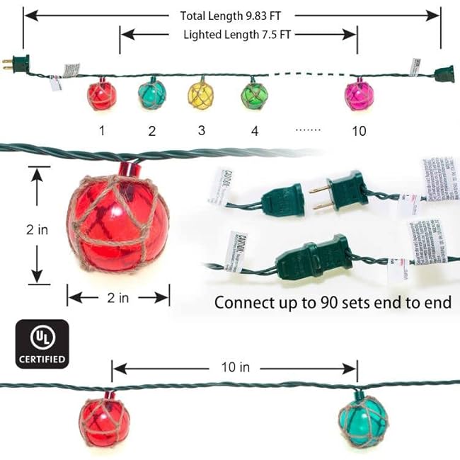 Tiki Nautical Lights String Plug in, 10 LED Buoy String Lights Home Tiki Bar Decorations, Fishing Float String Lights Coastal Beach Theme for Lanai Bedroom Patio Porch Outdoor Nautical Decor