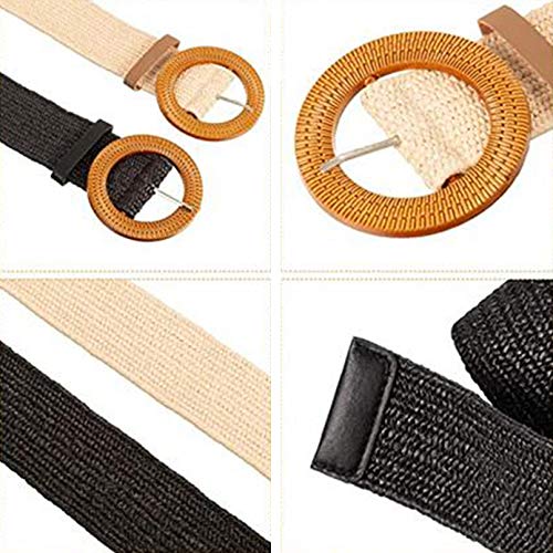 XLKJ 2 stuks rieten geweven tailleriem, elastische stretch vrouwen gevlochten riem met houten stijl gesp, zwart-wit, One Size - Image 7