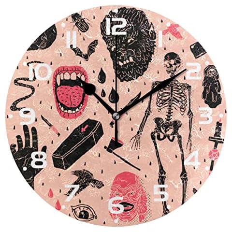Mnsruu Large Wall Clocks, Pink Skull Lips Chic Skeleton Battery Operated Non Ticking 10 inch Clock Silent Art Bedroom Kitchen Clock Atomic Analog Clocks Home Decor Cover