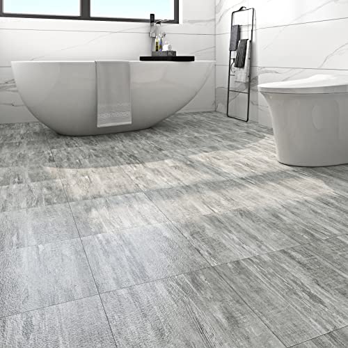 Livelynine Peel and Stick Floor Tile 12X12 Thick Grey Ashwood Bathroom Floor Tiles Peel and Stick Flooring Waterproof Removable Vinyl Flooring for Kitchen Squares Gray Wood Laminate Sticky 4-Tiles