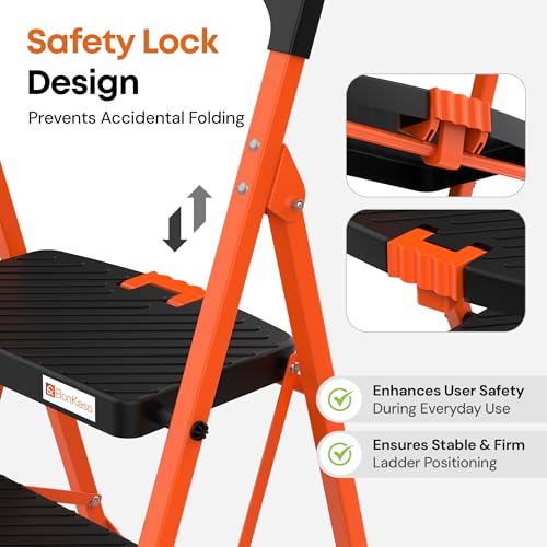 Image of BonKaso climb easy 7 Step Foldable Steel Kitchen Ladder for Home,Office & Outdoor Use with Safety Clutch Lock,Anti-Slip Wide Steps,Support Handle & Tool Tray, Load Capacity Upto 120kg (Orange & Black)