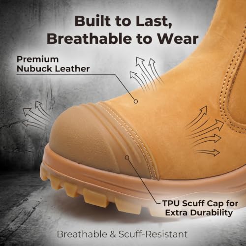 Image of BPKW Men's Steel Toe Work Boots Slip On Nubuck Leather Safety Boots Scuff Cap