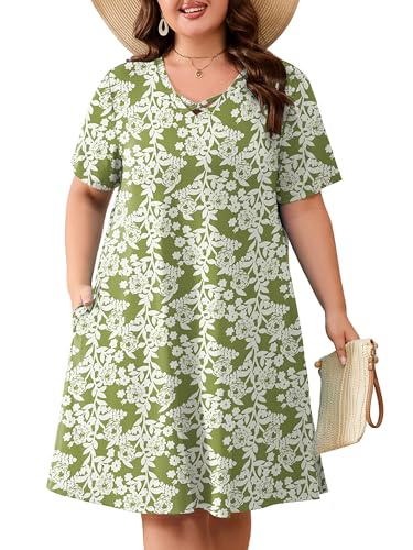 Image of AusLook Plus Size Midi Dress for Women Short Sleeve V Neck Criss Cross A Line Summer Casual Vacation Sundresses with Pockets