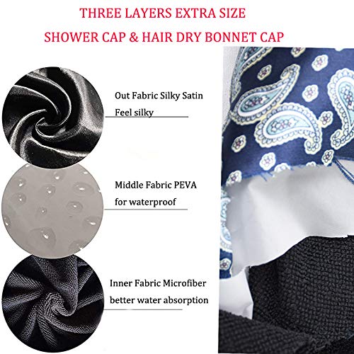 Women Large Satin Bonnet with waterproof, Three Layer, Paisley Pattern Shower Sleep Cap for Hair Cover (Three Layer-Without Buckle)