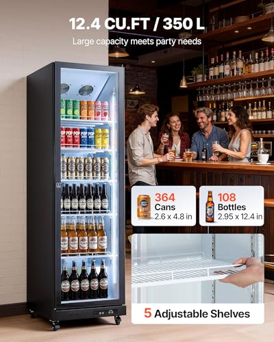 Image of VEVOR Commercial Merchandiser Refrigerator, 12.4 Cu.Ft / 350 L Glass Door Display Refrigerator, Upright Beverage Cooler Fridge with 5 Adjustable Shelves, Soft LED Light & Casters for Homes Shops Bars