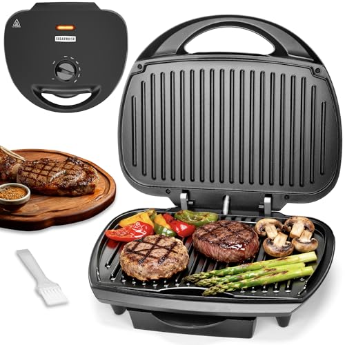 SugarWhisk Family-sized Contact Grill, 6-Serving Electric Indoor Grill with Adjustable Temp Control,...