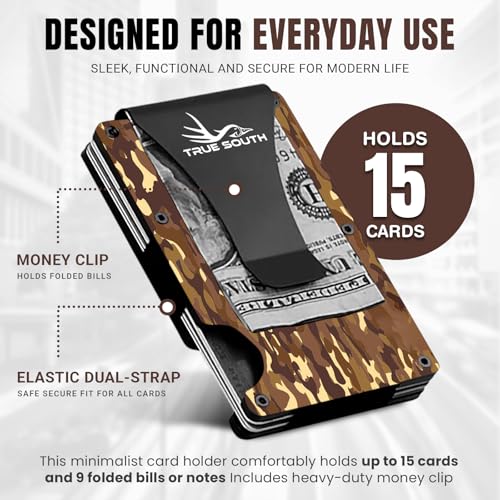 Image of True South Slim Wallet Men RFID Blocking Aluminum Brown Camo Card Holder | Rugged Aluminum Wallet with RFID-Blocking Protection & Money Clip