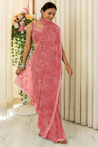 Image of MIRCHI FASHION Saree for Woman Georgette Solid with Satin Stripes | Stone Border Farewell and Ceremonial Sari with Blouse Piece