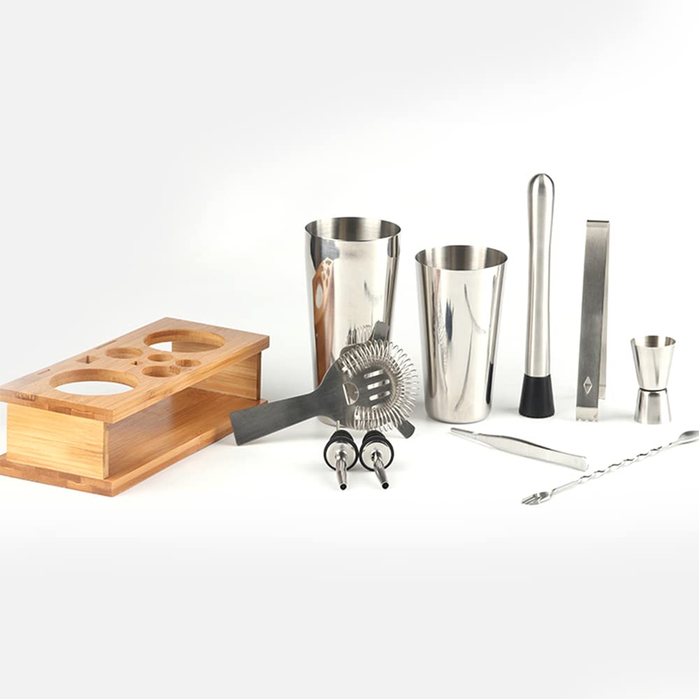 11 Pezzi Boston Bar Bartender Kit Cocktail Shaker Set Acciaio Inossidabile con Elegante Vassoio di Bambù