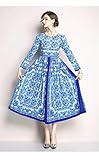 Material: Chiffon, Azetat QUNLIANYI Abendkleid Abiballkleid Chiffon Kleid Damen Langarm Vintage blau und weiß Porzellan Print Fit Flare langes Kleid Marke Maxi Kleid L
