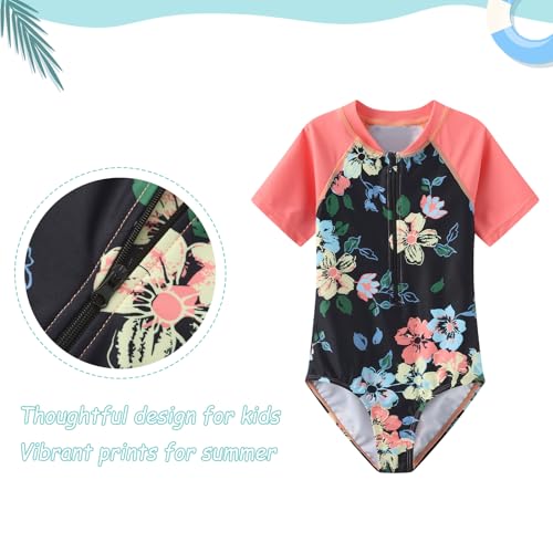 Image of Girls One Piece Rash Guard Swimsuits for Girl Short Sleeve Bathing Suits with Front Zipper Sun Protection Swimwear 3-16 Years