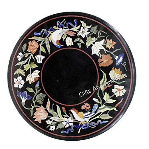 Table basse ronde 40cm motif antique marbre noir pour jardin