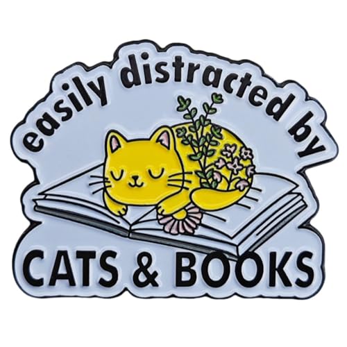 Image of Easily Distracted By Cats And Books Enamel Pin Animal Pet Reading Brooch Badge Lapel Pin for Clothes Bags Backpacks for Cat and Book Lovers