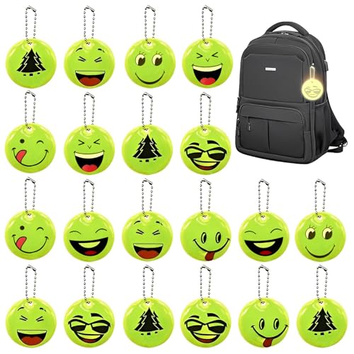 CHENKEE Reflektor Anhänger, 20 Stücke Sicherheits Reflektor Anhänger Sicherheitsanhänger Reflektor Anhänger für Schultasche Radfahren Gehen Laufen (Smiley)