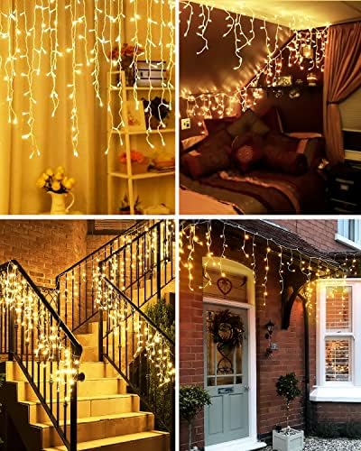 Icicle Christmas Lights Outdoor, 320LED 11M/36 FT Fairy Lights Plug in Waterproof, Warm White Icicle String Lights, Outside Lights 8 Modes for Xmas House Garden Window Roof Eaves Party Halloween Decor
