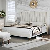 HUAHUU King Size Bed Frame,Upholstered Platform Bed Frame with Vertical Channel Tall Wingback Headboard,No Box Spring Needed,Wooden Slats Support,No-Noise,Easy Assembly,Beige